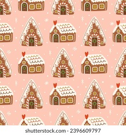 Pink Christmas gingerbread houses seamless pattern. Winter holidays cookies vector repeat background. New year time textile, wallpaper, print design package, wrap paper. Hand drawn food illustration.