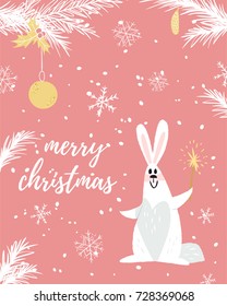 Pink christmas greeting card with white rabbit wishing merry christmas. Fir branches, toys and snowflakes on background. 