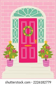 Pink Christmas house door decorated with a spruce wreath with balls. Entrance to the house with Christmas trees with pears and bows. Vector artistic illustration for postcards, banners and print.