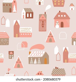 Pink Christmas houses pattern. Cute boho Christmas houses pastel Winter background New Year village textile design. Christmas city vector illustration. Hand drawn town landscape wallpaper pink fabric.