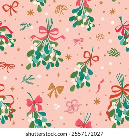 Pink Christmas mistletoe decorated bows, stars, ribbons. Cute coquette seamless pattern. Winter holiday botanical background, floral print, wallpaper, textile design. Vector hand drawn illustration.