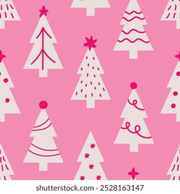 Patrón de Navidades rosadas. Árboles de Navidad decorados con estrellas. Arte de Clip de Vector sin costuras. 