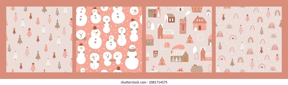 Pink Christmas pattern set. Pastel winter seamless repeated background. Christmas trees, houses, village, snowman, rainbow print collection. Cute New Year decor. Vector illustration. Winter paper.