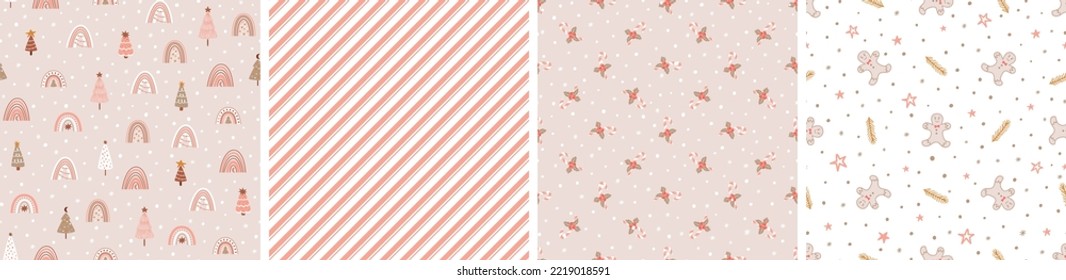 Pink Christmas pattern set. Pastel winter seamless pattern collection Christmas candy canes, gingerbread cookies, tree stipes New Year background print wallpaper. Vector illustration. Christmas paper