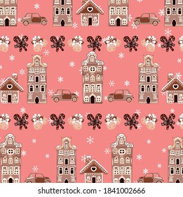 Pink Christmas patterned background with gingerbread houses and cars