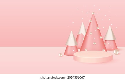 Pink Christmas podium stage for product display. Realistic vector design