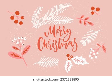 Tarjeta rústica de Navidad rosa, texto con letras a mano decorado con mistletos y ramas, bayas huecas. Saludos estacionales vectoriales.