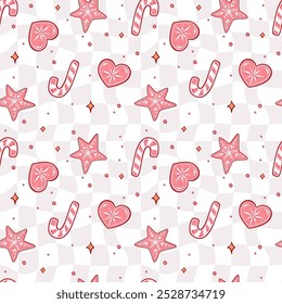 Pink Christmas Seamless Pattern with Candy Canes and Cookies