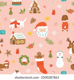 Pink Christmas seamless pattern with Santa Claus, gingerbread, cats, dogs, reindeer, snowman, bakery Cute winter holiday design. Cartoon vector repeat background, sweet wallpaper, New Year print.