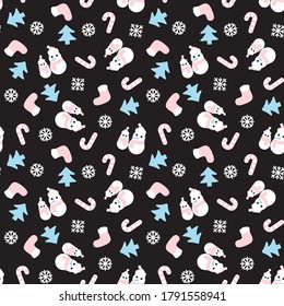 Pink Christmas Snowman seamless pattern background for website graphics, fashion textile