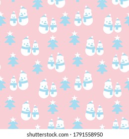 Pink Christmas Snowman seamless pattern background for website graphics, fashion textile