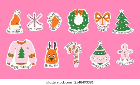 Pegatinas de Navidades rosas con citas. Caprichosos y divertidos símbolos de Festiva dibujados a mano con texto. Diseño plano. Ilustración vectorial