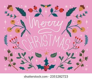 Pink Christmas symmetrical ornament card in folk style. Merry Christmas lettering. Hand drawn vector illustration