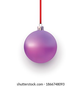 Pink christmas tree ball hanging on red ribbon. White background. Vector holiday illustration.