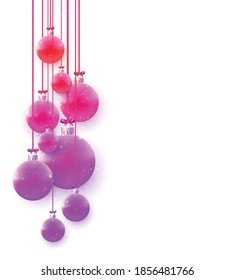 Pink christmas tree balls hanging on pink and red ribbons with bow on white background. Vector holiday illustration.