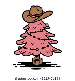 Pink Christmas Tree with Cowboy Hat and Decorations Cartoon Illustration