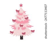 Pink Christmas tree decorated with pink bows. Vector graphics.