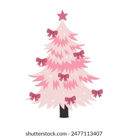 Pink Christmas tree decorated with pink bows. Vector graphics.