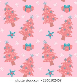 Pink christmas tree, gift, holly berry leaves and snowflakes seamless pattern. Winter holidays glamour decorative wrapping paper.