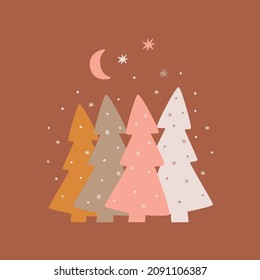 Elemento gráfico de árbol de Navidad rosa. Fondo oscuro del árbol de Navidad. Ilustración decorativa del abeto nocturno. Bosque invernal de árbol de abeto rosado. Escena nórdica, símbolo.