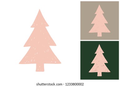 Pink christmas tree. Hand drawn retro flat art. Design kit with 3 pair color combinations for Christmas and Happy New Year celebration. Clip-art icon for Xmas branding, t-shirt print, promo ads