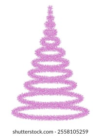 Pink Christmas tree. Tree made of fluffy tinsel. Color vector illustration. Isolated white background. Festive fir for new year. Idea for web design.