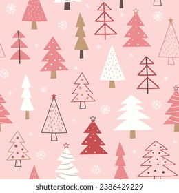 Pink christmas tree ornaments seamless pattern. New year and Christmas seamless pattern with christmas tree on pink background vector illustration.