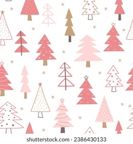 Pink christmas tree pattern background. Seamless winter pattern with christmas tree. Vector illustration.