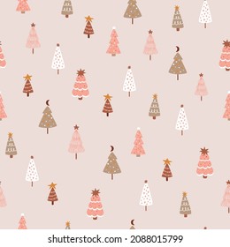 Pink christmas tree seamless pattern. Cute hand drawn fir tee on pink background. Vector winter forest seamless pattern. Nordic Christmas tree fabric design. Simple pink Christmas illustration.
