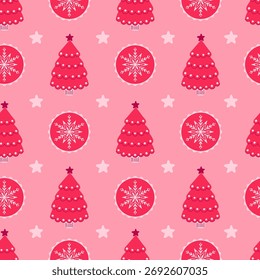 Árvore de Natal rosa Padrão sem emenda. Mão bonito desenhado Coquette Xmas Fundo com pastel Fir Snowflake e Forma de estrela. Ilustração do vetor plano festivo