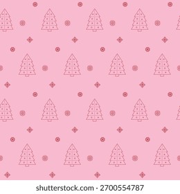 Pink Christmas Tree snowflake geometry Seamless Pattern line art minimal design Holiday Background Vector illustration