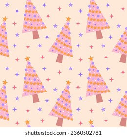 Pink christmas tree and stars seamless pattern. Winter holidays glamour decorative wrapping paper.