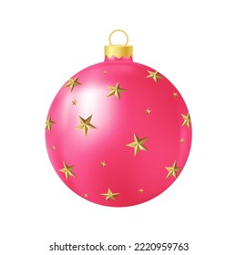 Pink Christmas tree toy with golden stars Realistic color illustration