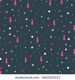 Árvore de Natal cor-de-rosa vetor padrão sem costura. Xams design de superfície de feriado de Holly alegre Feliz Natal de pinheiros, estrelas, flocos de neve e bolinhas. Allover imprimir fundo texturizado Christmassy