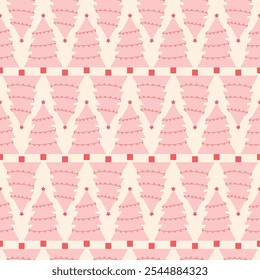 Pink christmas trees on a beige background seamless pattern celebrating holidays. for surface pattern design, print, wallpaper, wrapping paper, fabric.