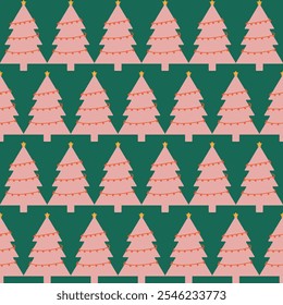 Pink christmas trees on a green background seamless pattern celebrating holidays. for surface pattern design, print, wallpaper, wrapping paper, fabric.