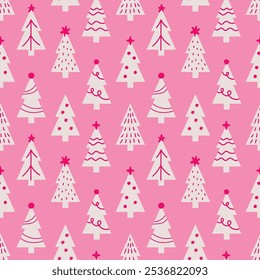 Pink Christmas trees pattern.  Seamless vector clip art. Vivid bold design.