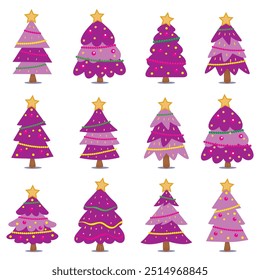 Pink Christmas trees set. Christmas trees set isolated on white background. Vector illustration. Winter holidays glamour decorative collection. Template for greeting card, invitation, banner, web. 