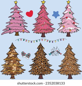 Pink Christmas Trees for Xmas Party and Trees with Leopard Skin and Graphic Elements for Designers-Christmas Set