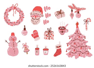 Pink Christmas. Vintage Christmas decoration, fir tree, wreath, and candles on white background. Cozy winter illustration. 