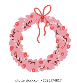 Pink Christmas wreath with red bow. Vintage floral decoration. 