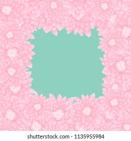 Pink Chrysanthemum Border isolated on Green Mint Background. Vector Illustration.