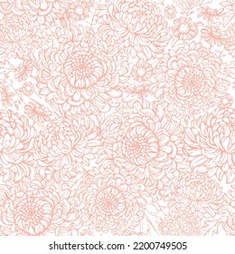 Pink chrysanthemum flowers pattern, monochrome seamless background