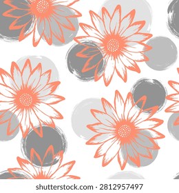 Pink chrysanthemum rustic vector endless rapport. Camomile daisy blossom over circles background. Creative garden flowers vector wallpaper. Girlie natural background.