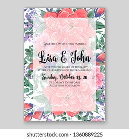 Pink Chrysanthemum wedding invitation card vector template greenery