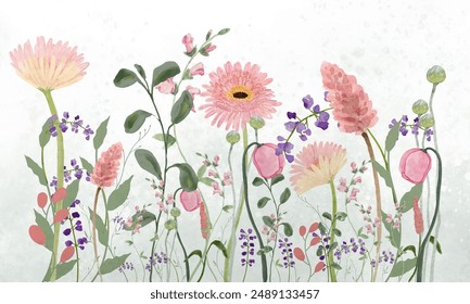 Pink Chrysanthemum and Wild Flowers Watercolor for Card, Background. Pink, Green