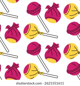 Pink chupa chups pattern, lollipop. Flat color texture, candy on sticks. Candies in and without packaging. Open and closed. Vector illustration. Bright yellow, pink. Sweets of the 90s, 2000s. Retro