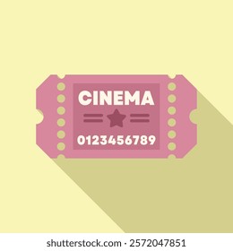 Pink cinema ticket lying on a yellow background with a long shadow