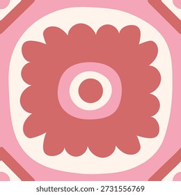 Pink Circle Abstract Flower Seamless Pattern. Hand Drawn Cut out pink Blossom and curvy geometric shapes round forms. Minimal playful floral background. Vector illustration