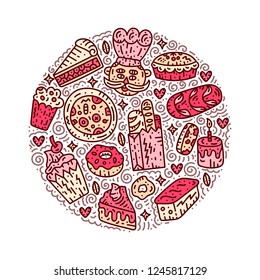 Pink circle concept card. Bakery vector badge. Bright doodle illustration.
